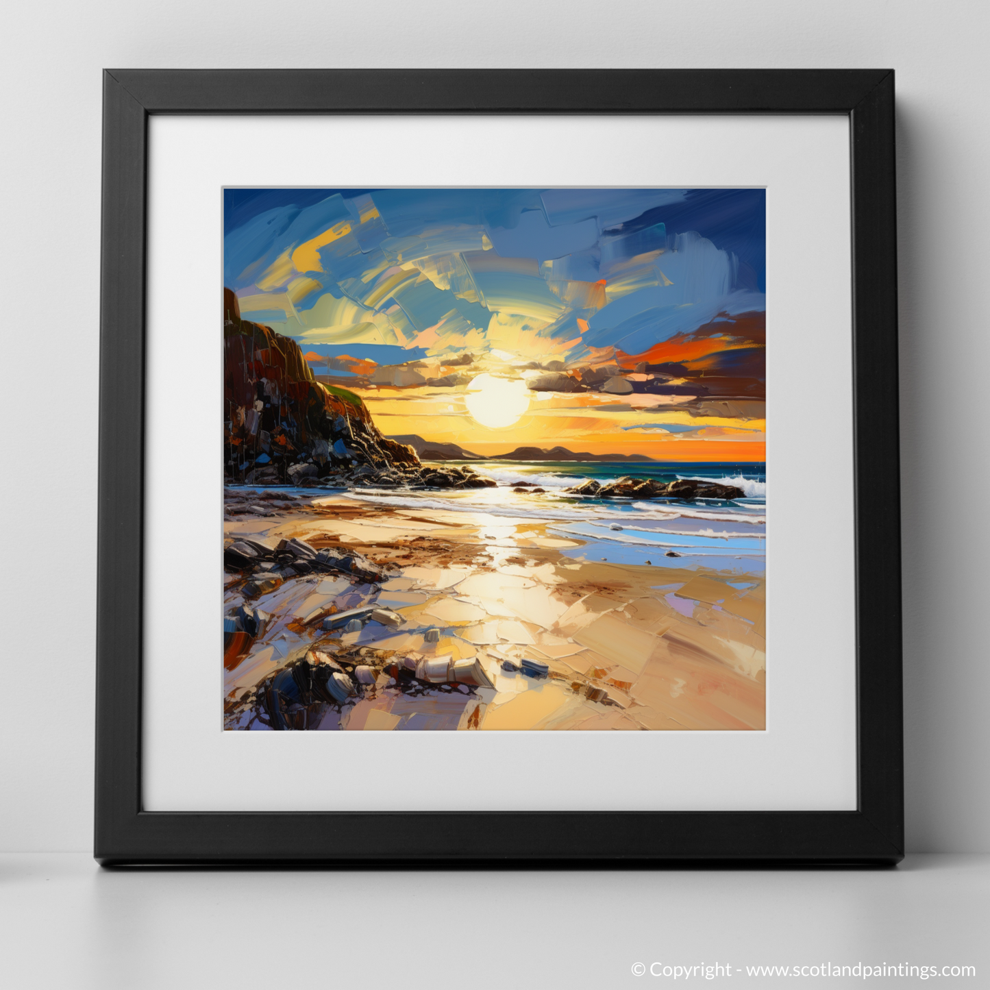 Art Print of Camusdarach Beach at golden hour with a black frame