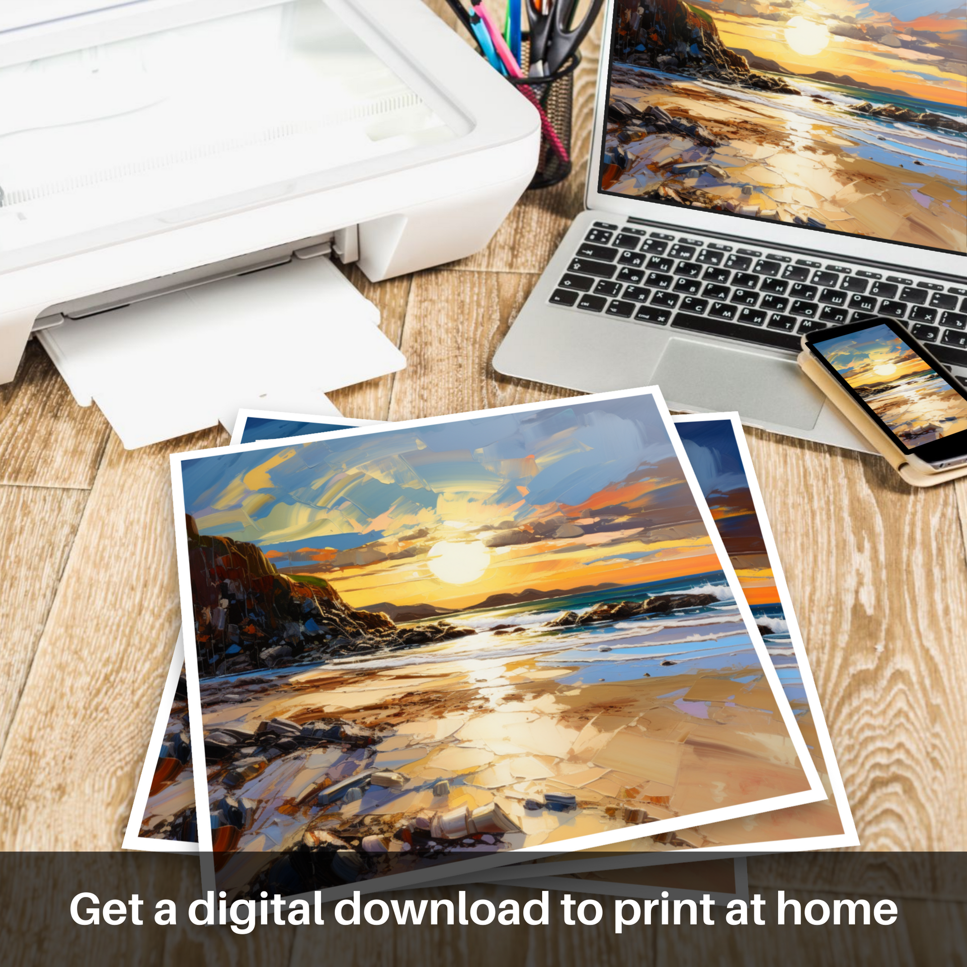 Downloadable and printable picture of Camusdarach Beach at golden hour