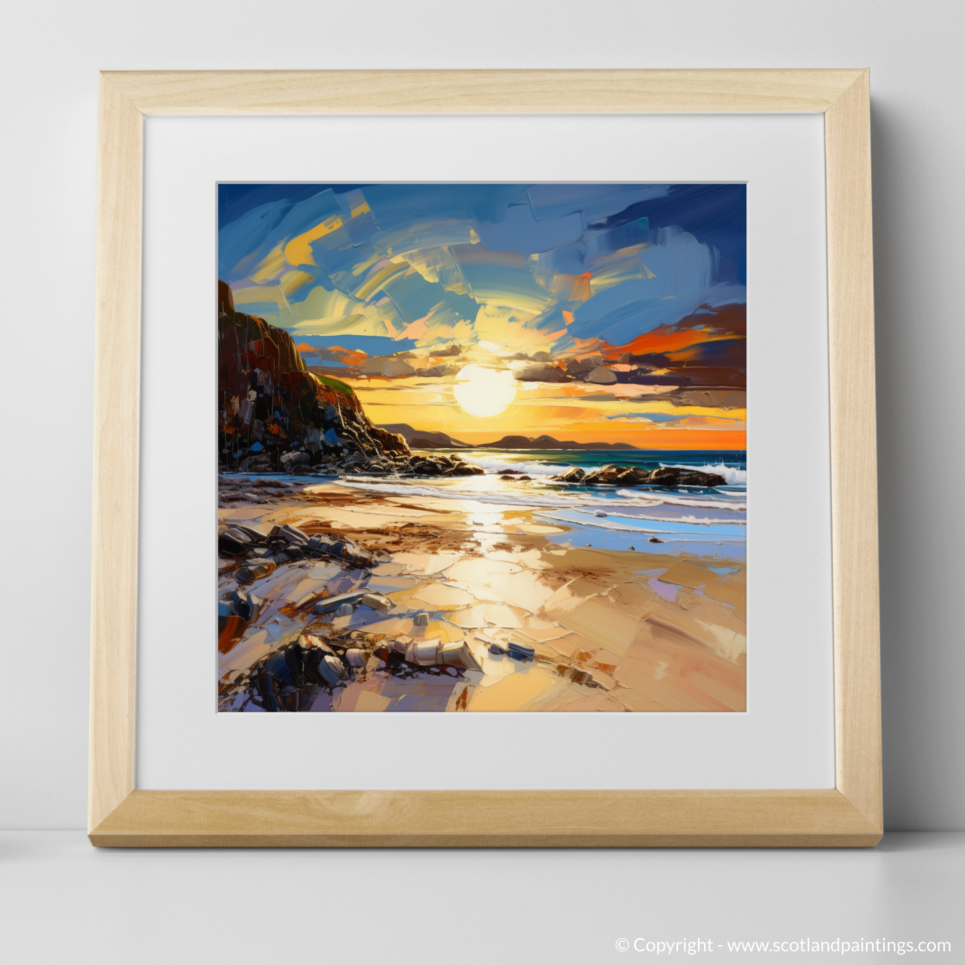 Art Print of Camusdarach Beach at golden hour with a natural frame