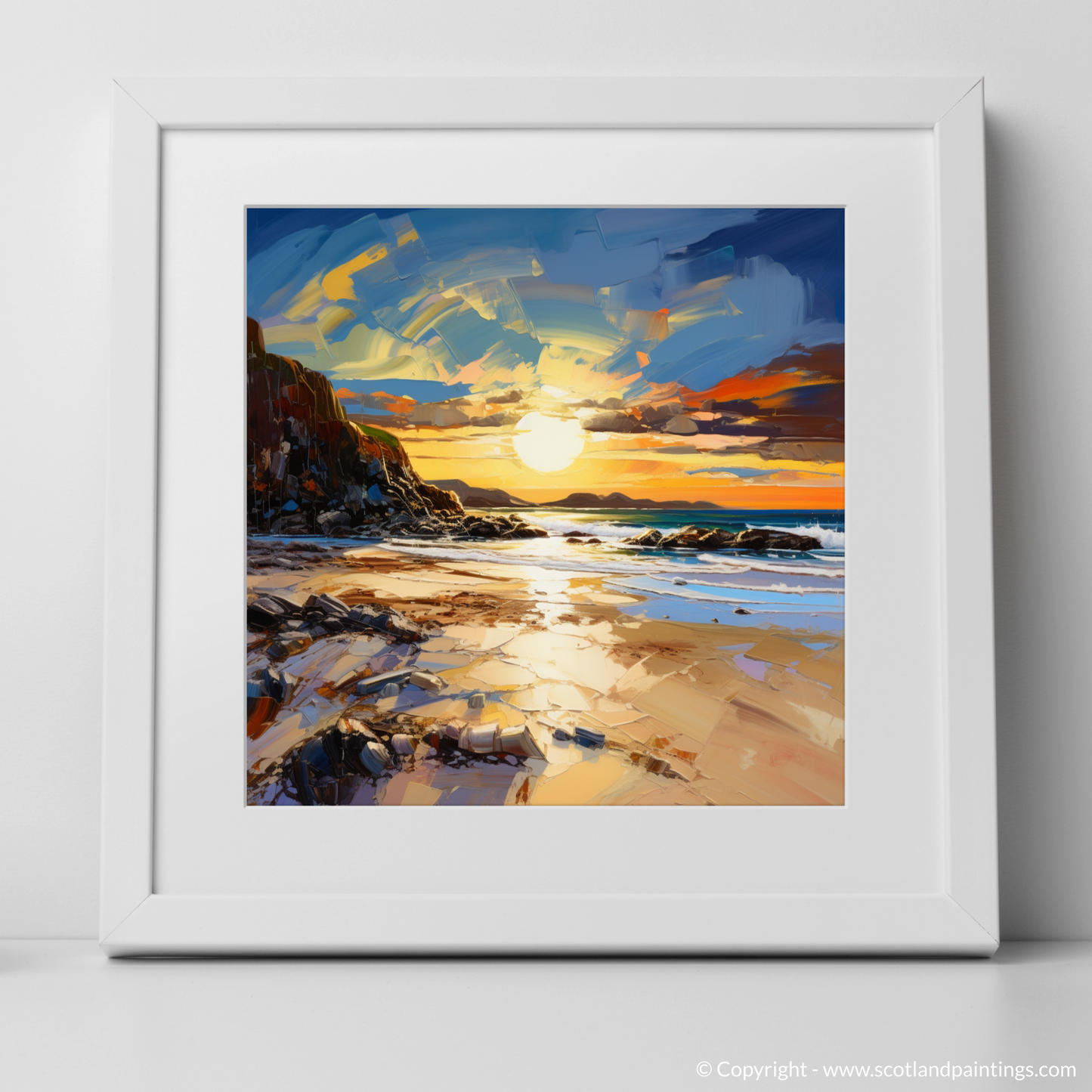 Art Print of Camusdarach Beach at golden hour with a white frame