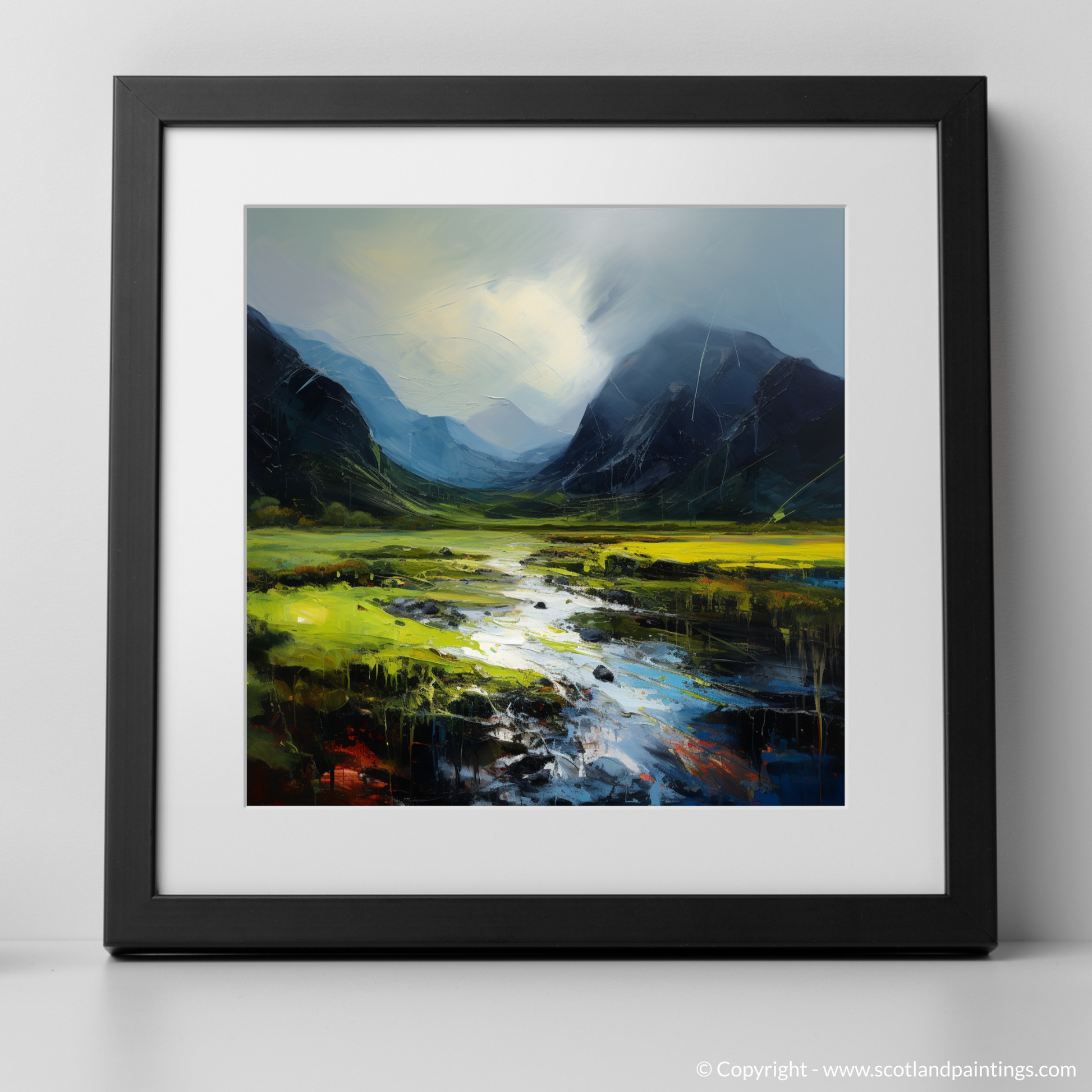 Art Print of Morning dew in Glencoe with a black frame