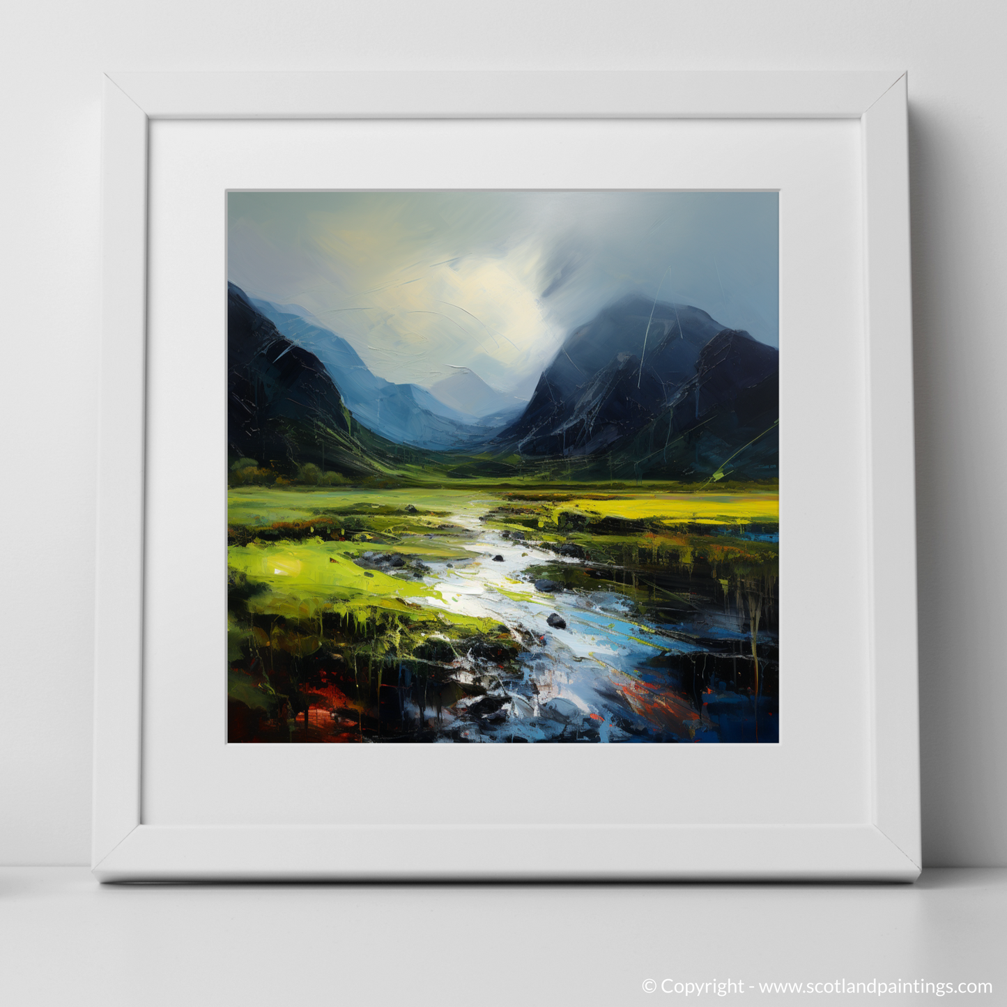 Art Print of Morning dew in Glencoe with a white frame