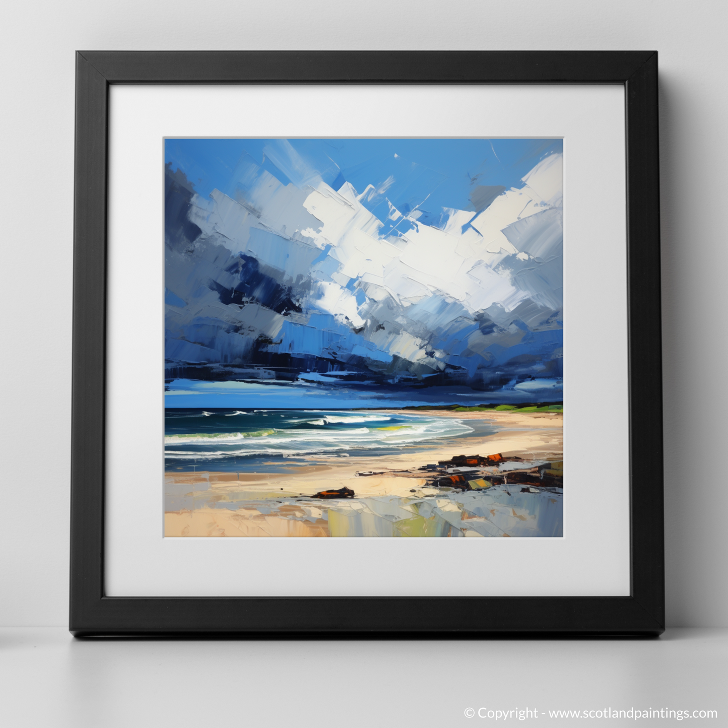 Art Print of Gullane Beach with a stormy sky with a black frame