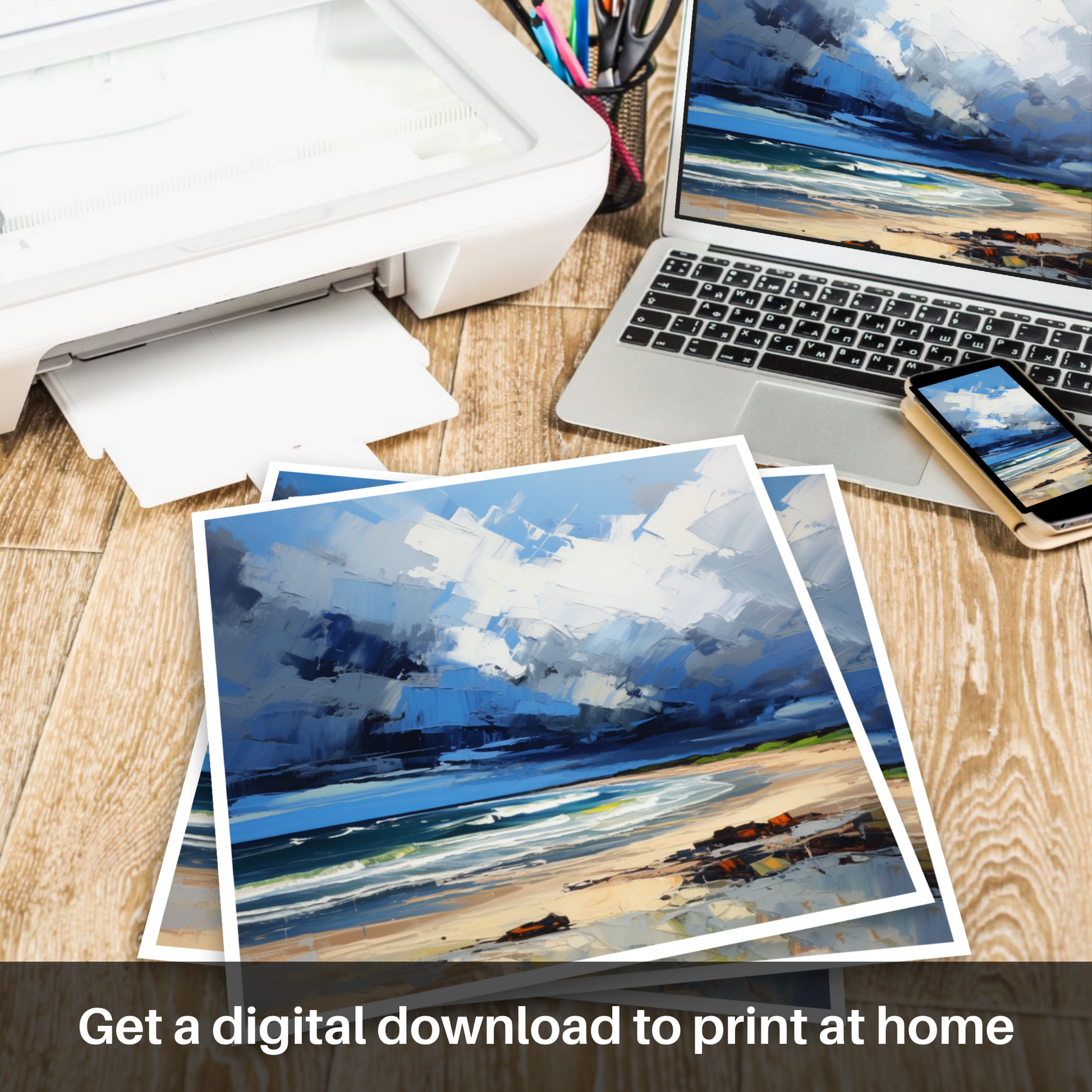 Downloadable and printable picture of Gullane Beach with a stormy sky