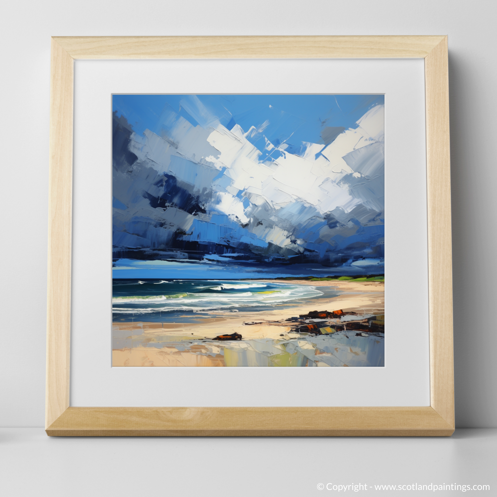 Art Print of Gullane Beach with a stormy sky with a natural frame