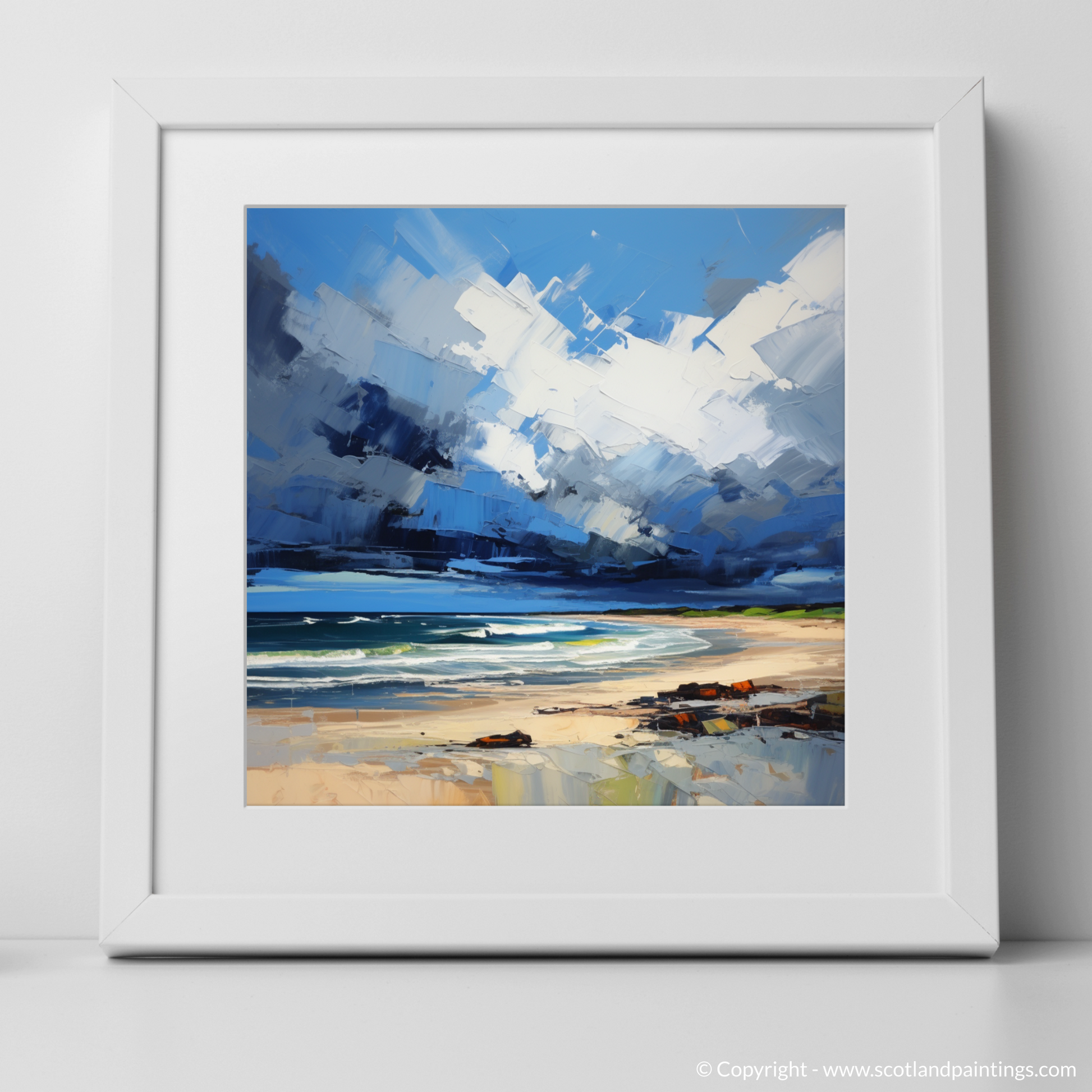 Art Print of Gullane Beach with a stormy sky with a white frame