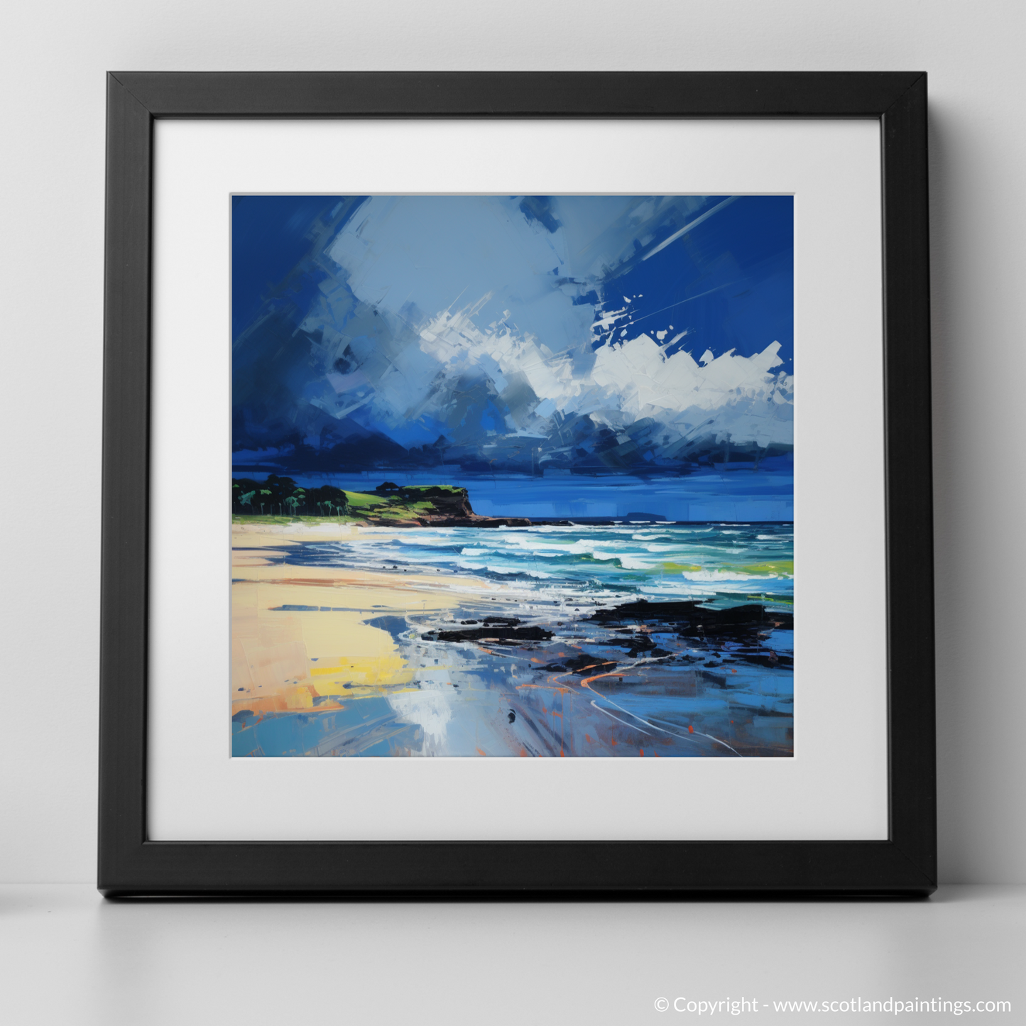 Art Print of Gullane Beach with a stormy sky with a black frame