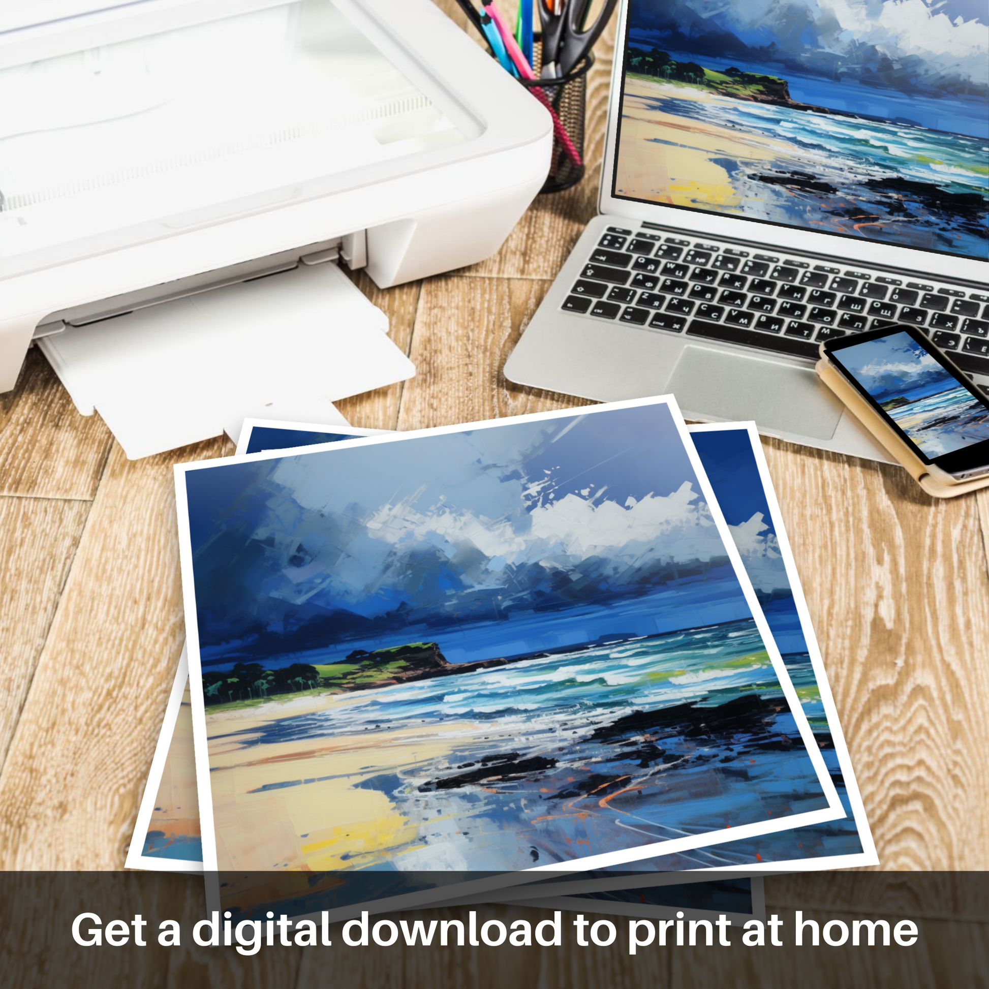 Downloadable and printable picture of Gullane Beach with a stormy sky