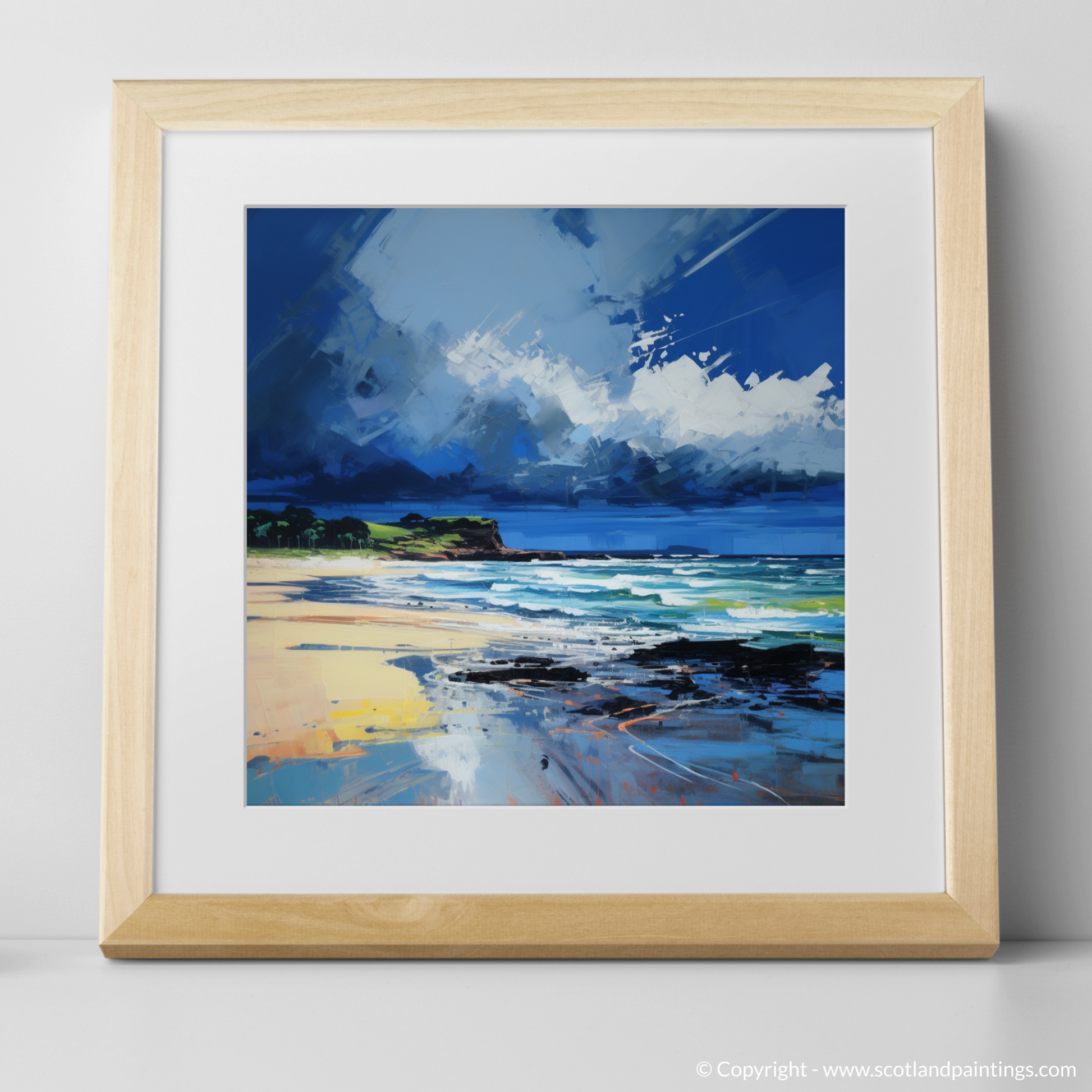 Art Print of Gullane Beach with a stormy sky with a natural frame