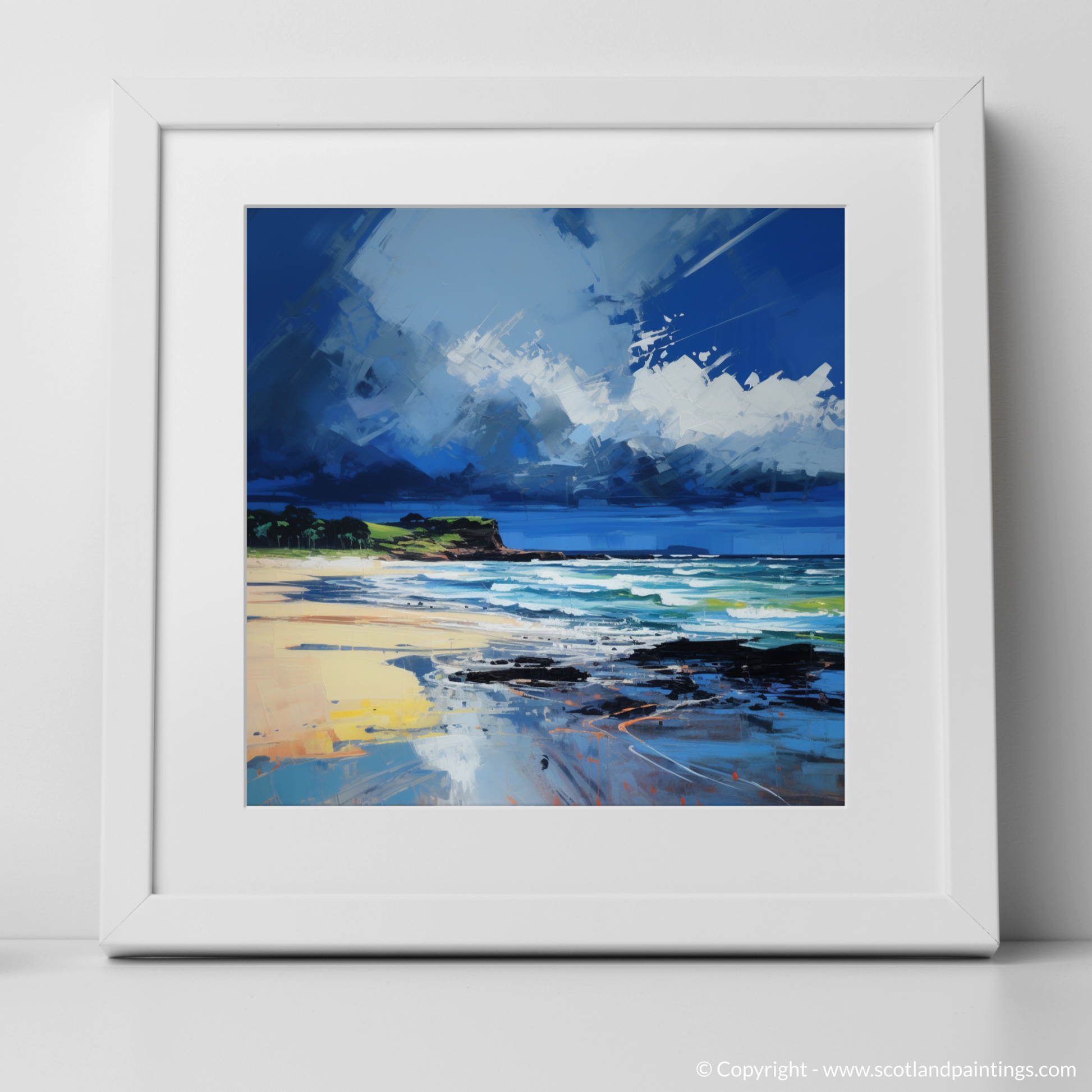 Art Print of Gullane Beach with a stormy sky with a white frame