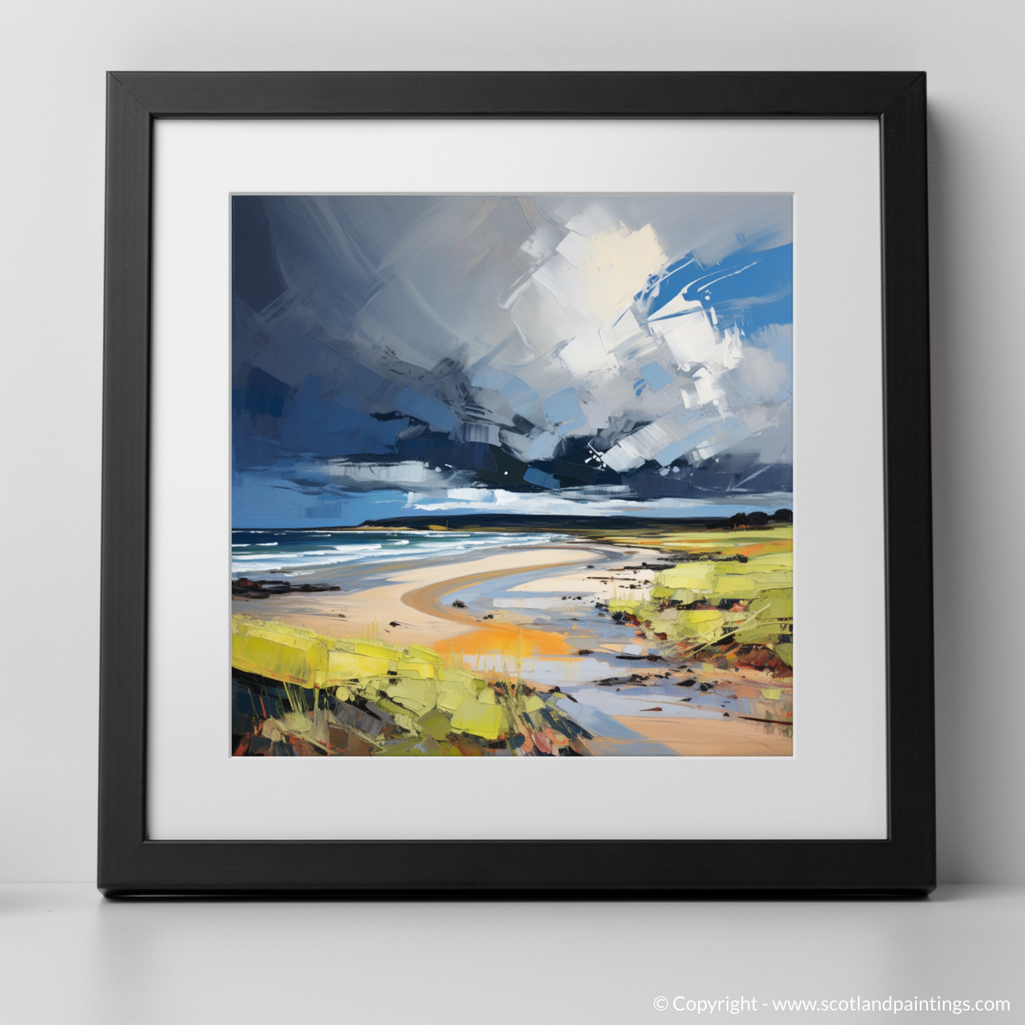 Art Print of Gullane Beach with a stormy sky with a black frame