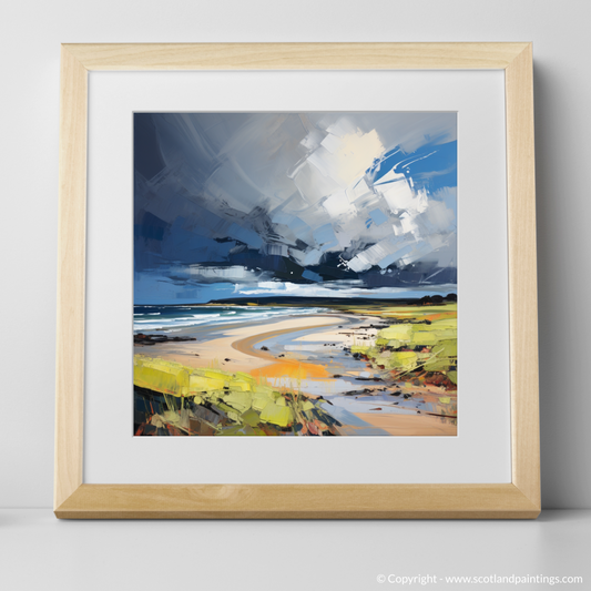 Art Print of Gullane Beach with a stormy sky with a natural frame