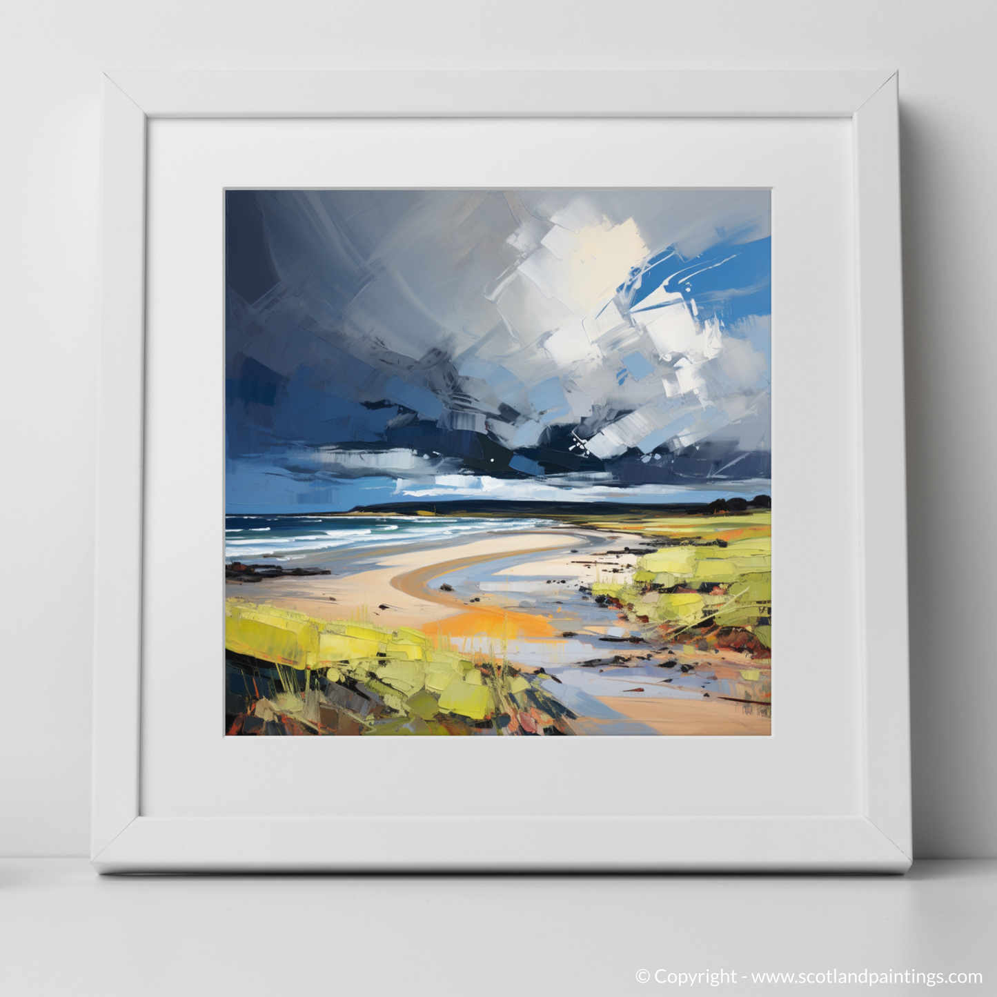 Art Print of Gullane Beach with a stormy sky with a white frame