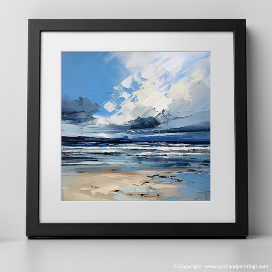 Art Print of Gullane Beach with a stormy sky with a black frame