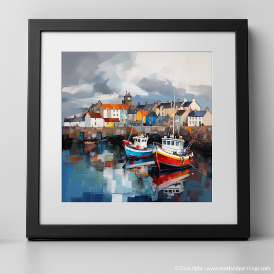 Art Print of Pittenweem Harbour with a stormy sky with a black frame