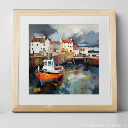 Art Print of Pittenweem Harbour with a stormy sky with a natural frame