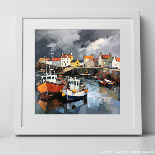 Art Print of Pittenweem Harbour with a stormy sky with a white frame