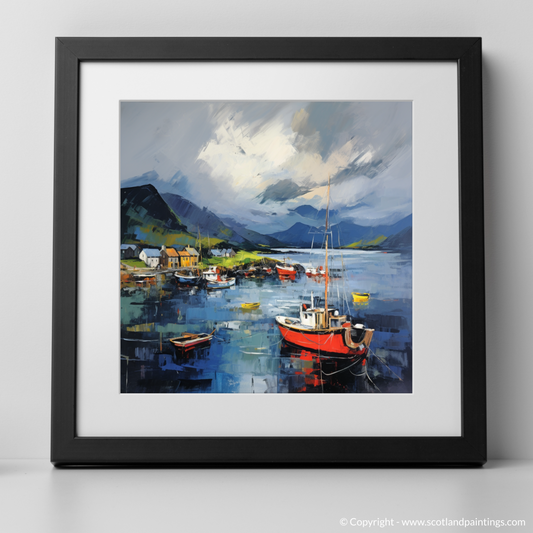 Painting and Art Print of Lochranza Harbour with a stormy sky. Storm's Embrace over Lochranza Harbour.