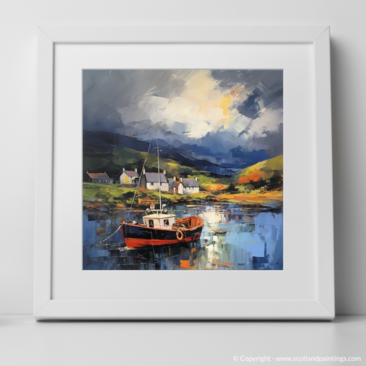 Painting and Art Print of Lochranza Harbour with a stormy sky. Storm's Embrace: Lochranza Harbour Revealed.