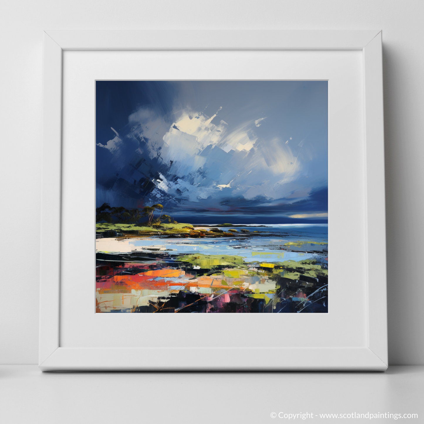 Art Print of Largo Bay with a stormy sky with a white frame
