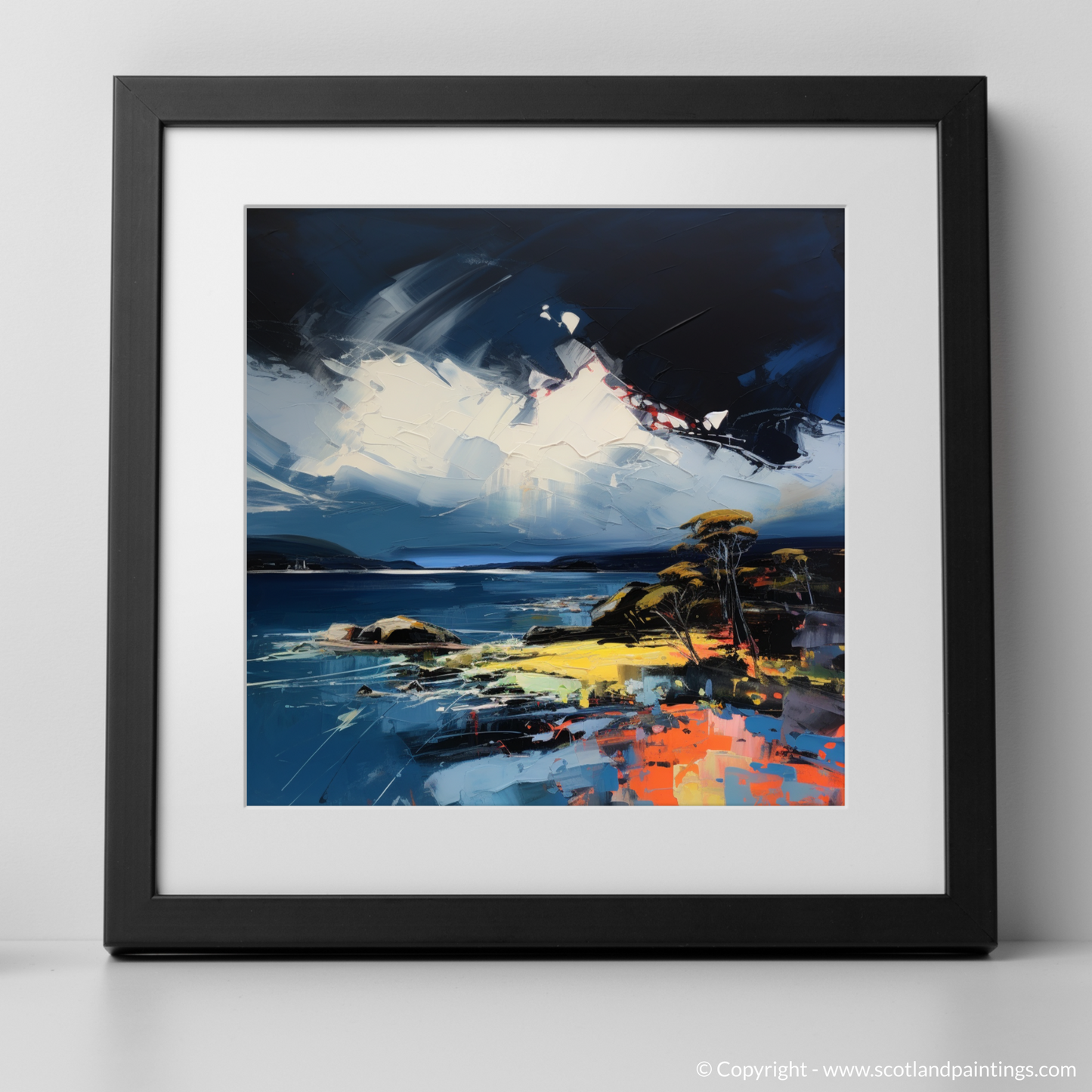 Art Print of Largo Bay with a stormy sky with a black frame