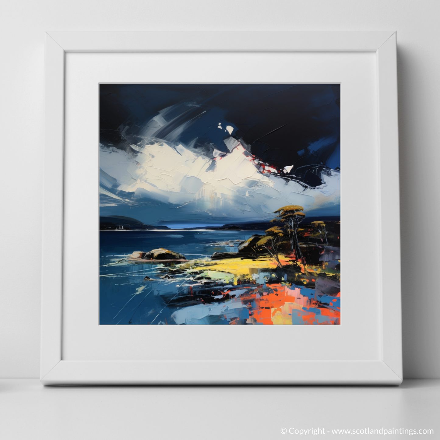 Art Print of Largo Bay with a stormy sky with a white frame