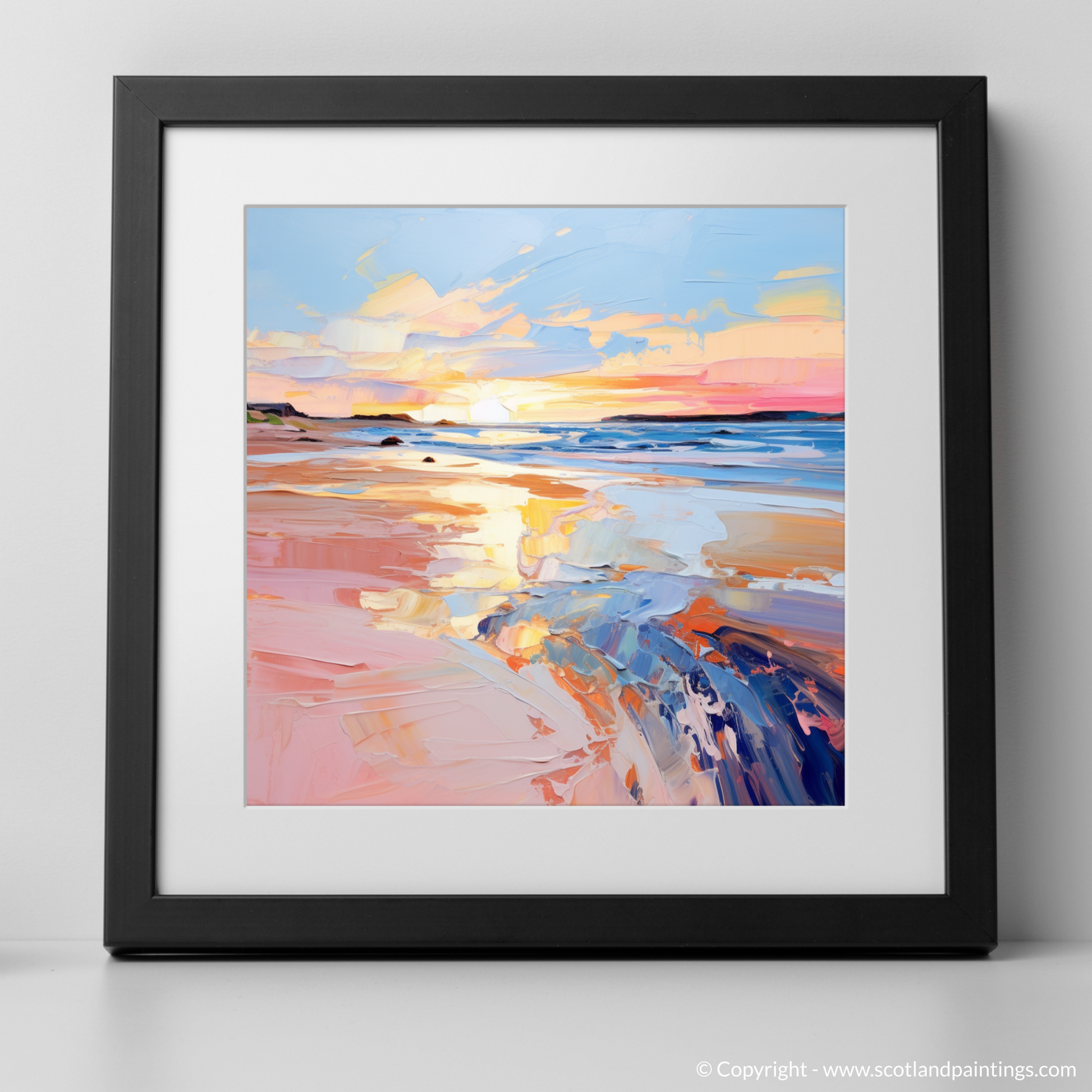 Art Print of Gullane Beach at sunset with a black frame