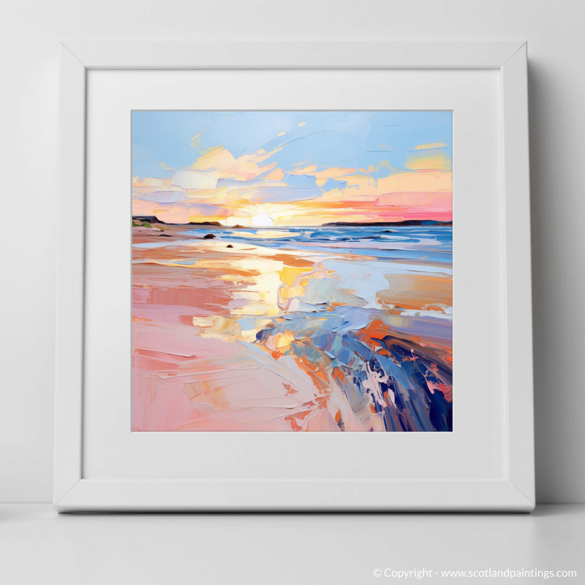 Art Print of Gullane Beach at sunset with a white frame