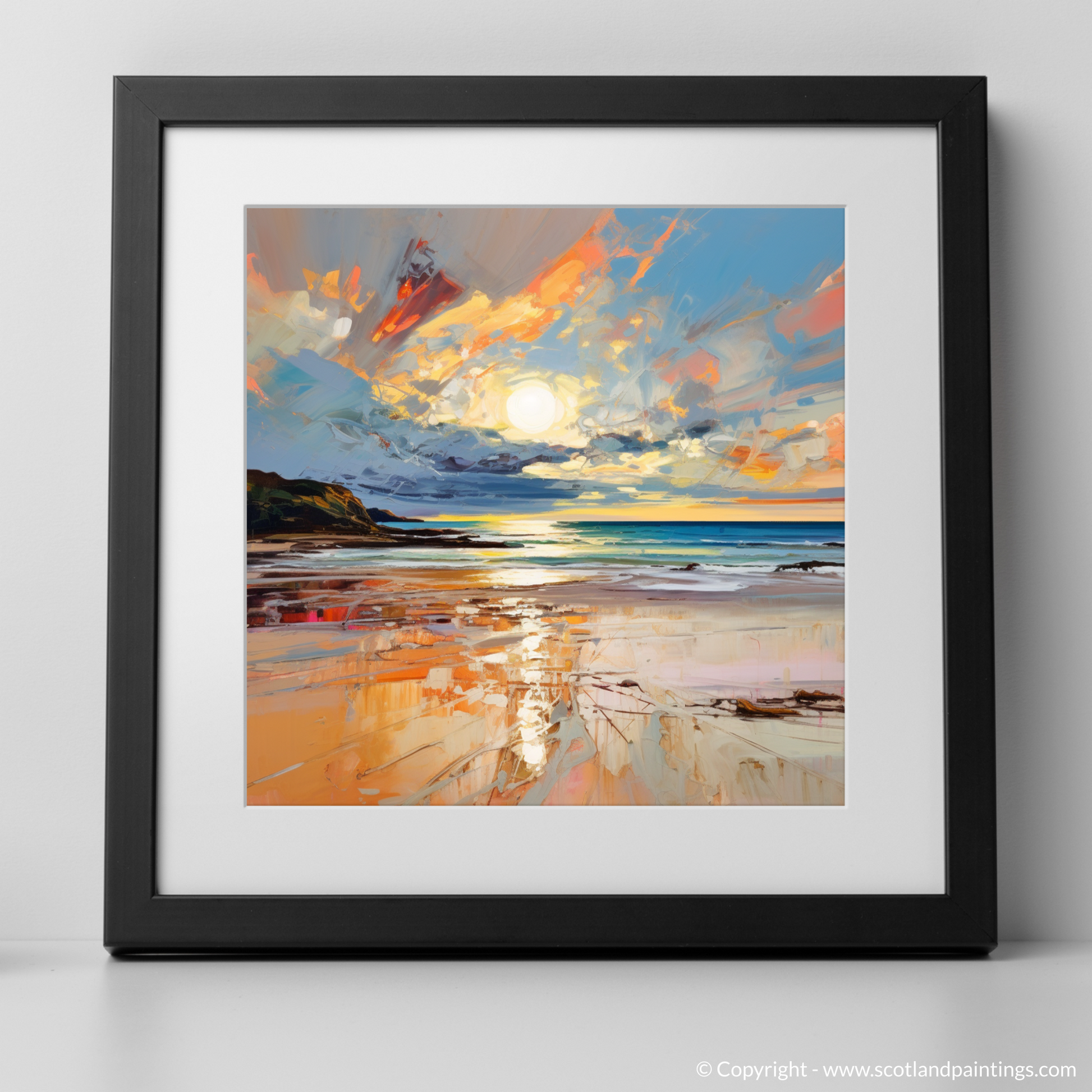 Art Print of Gullane Beach at sunset with a black frame