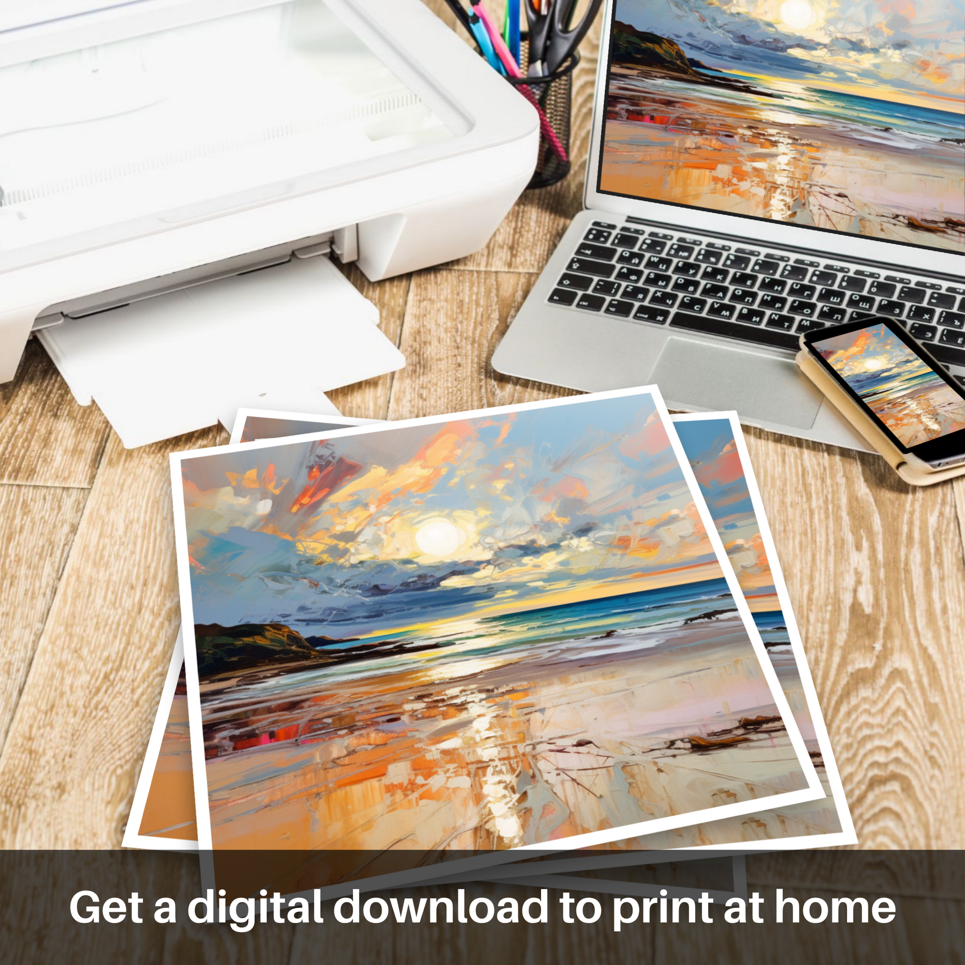 Downloadable and printable picture of Gullane Beach at sunset