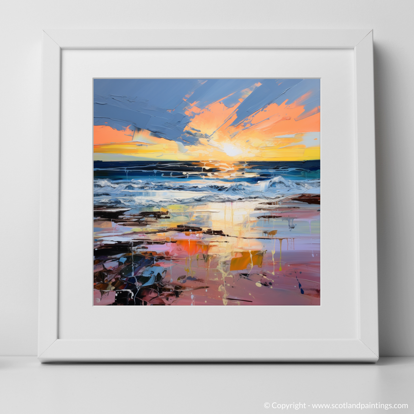 Art Print of Gullane Beach at sunset with a white frame