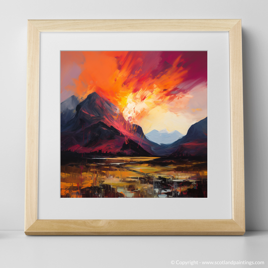 Art Print of Fiery sky over peaks in Glencoe with a natural frame