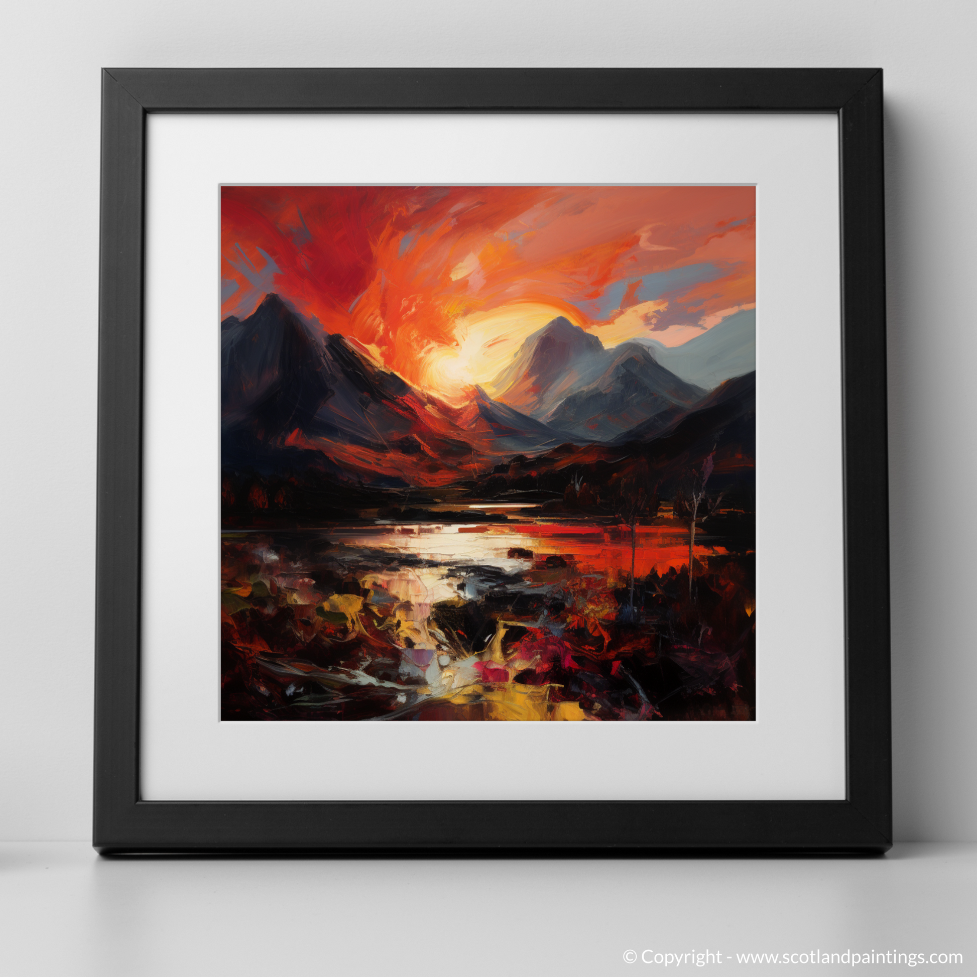 Art Print of Fiery sky over peaks in Glencoe with a black frame