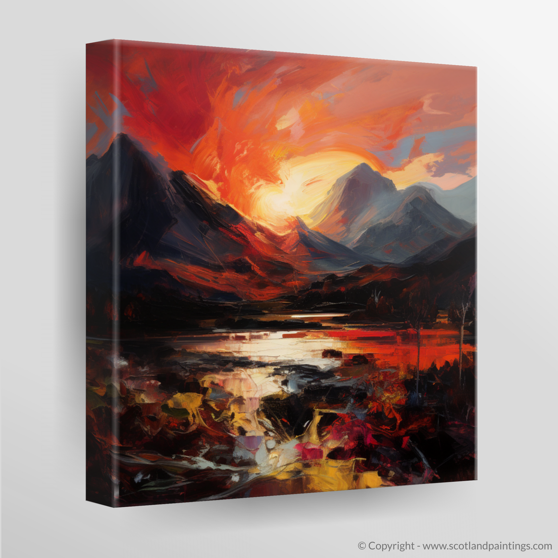 Canvas Print of Fiery sky over peaks in Glencoe