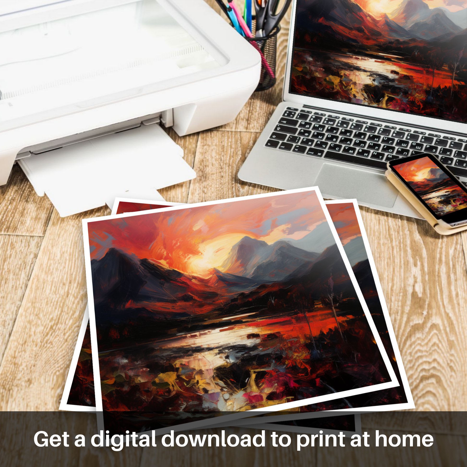 Downloadable and printable picture of Fiery sky over peaks in Glencoe