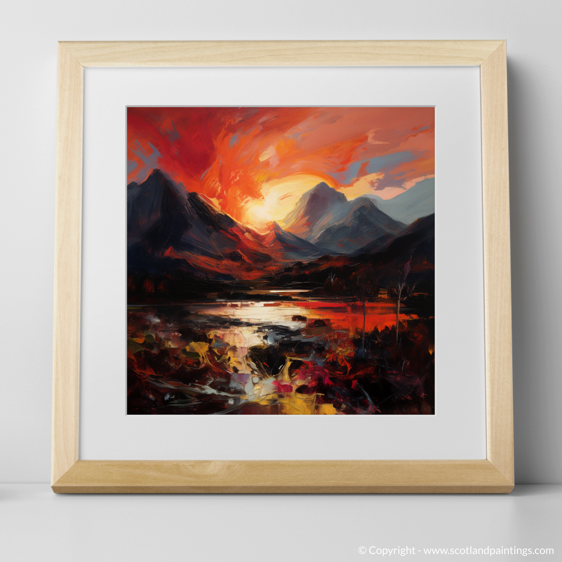 Art Print of Fiery sky over peaks in Glencoe with a natural frame