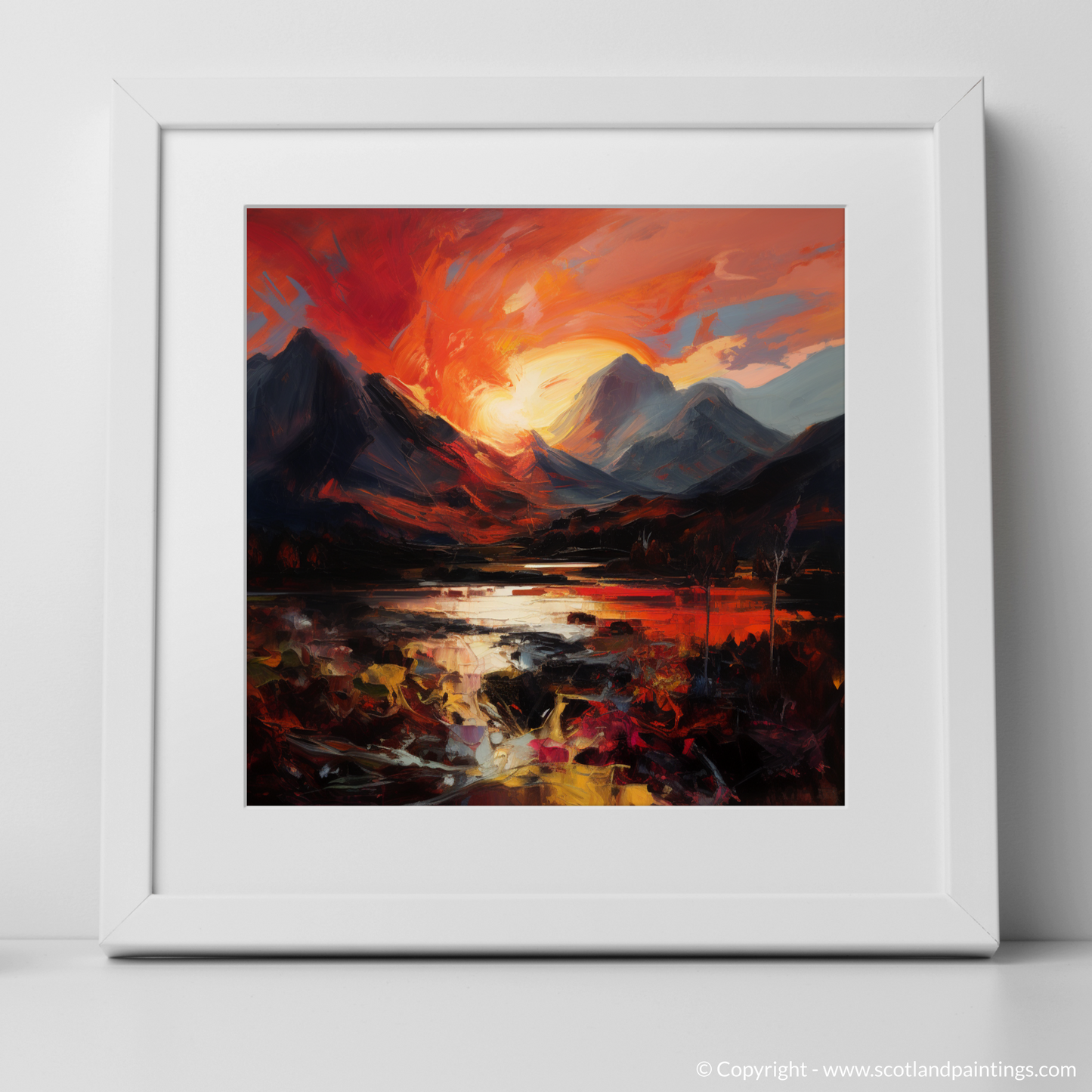 Art Print of Fiery sky over peaks in Glencoe with a white frame