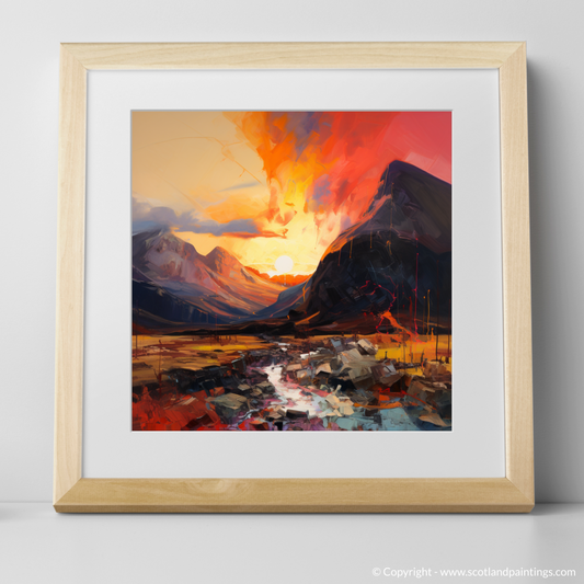 Painting and Art Print of Fiery sky over peaks in Glencoe. Fiery Sunset Over Glencoe Peaks.