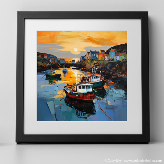 Art Print of Portnahaven Harbour at dusk with a black frame