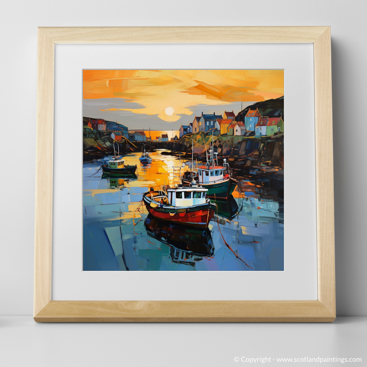 Art Print of Portnahaven Harbour at dusk with a natural frame
