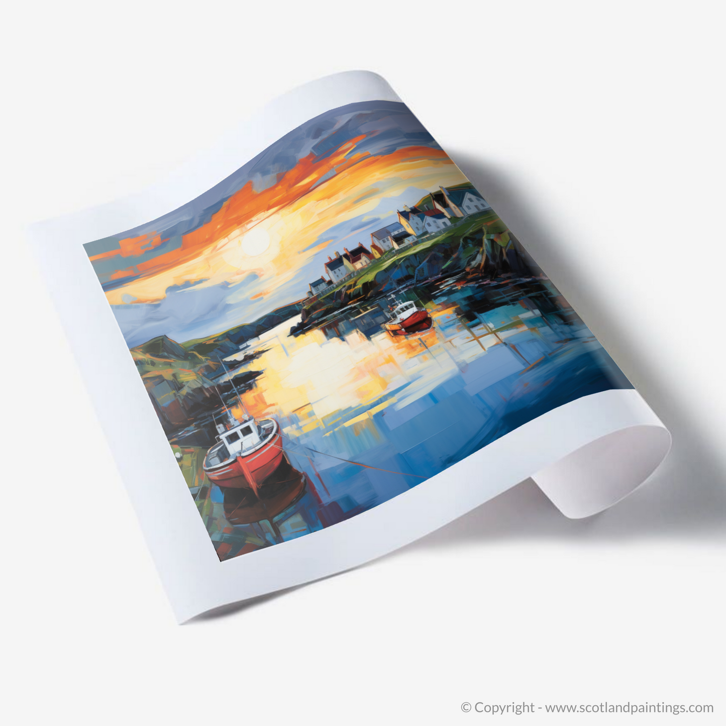 Painting and Art Print of Portnahaven Harbour at dusk. Twilight Embrace of Portnahaven Harbour.