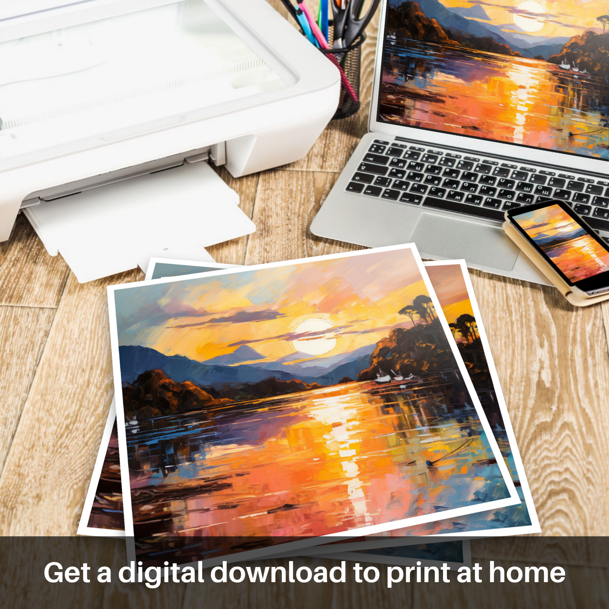 Downloadable and printable picture of Golden hour at Loch Lomond