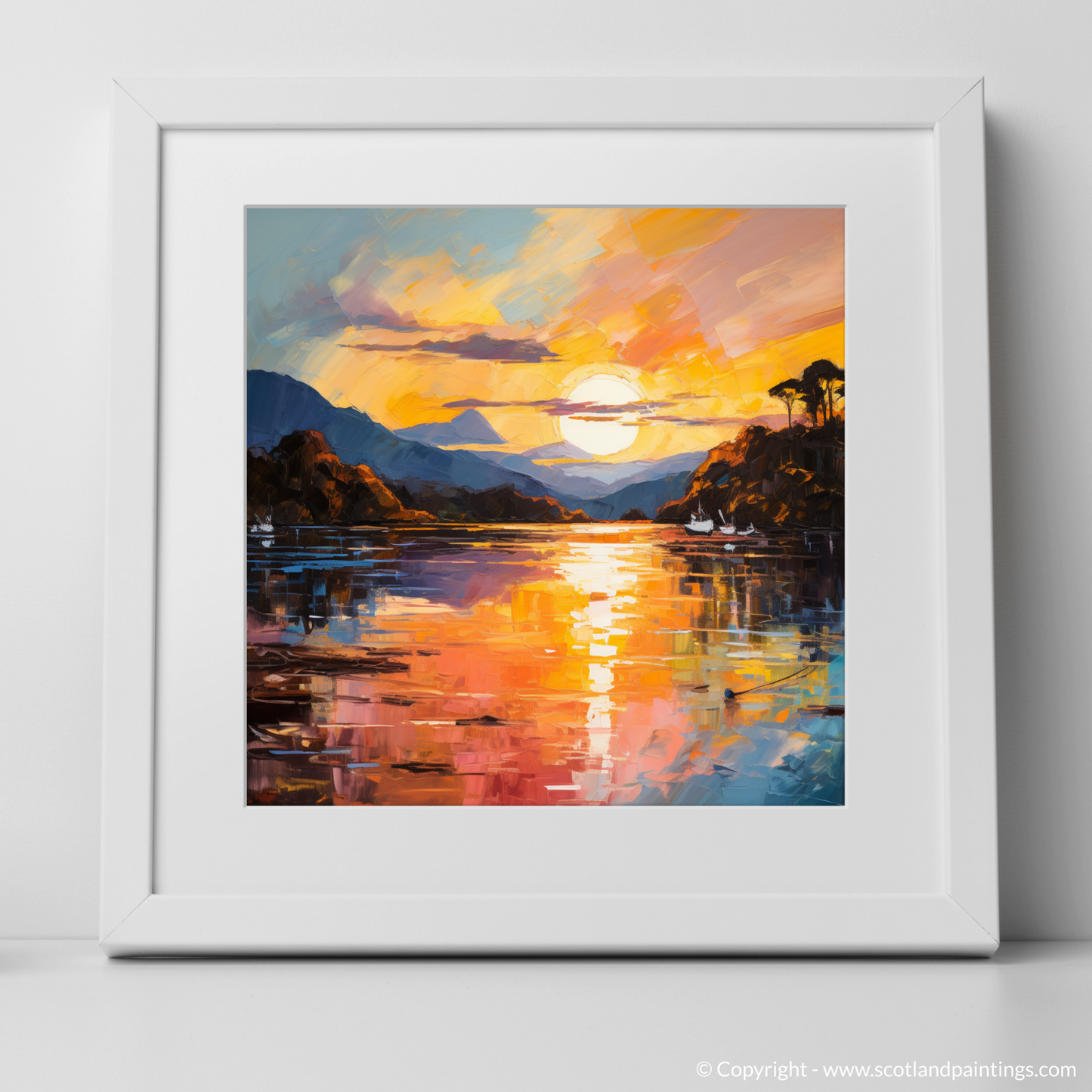 Art Print of Golden hour at Loch Lomond with a white frame