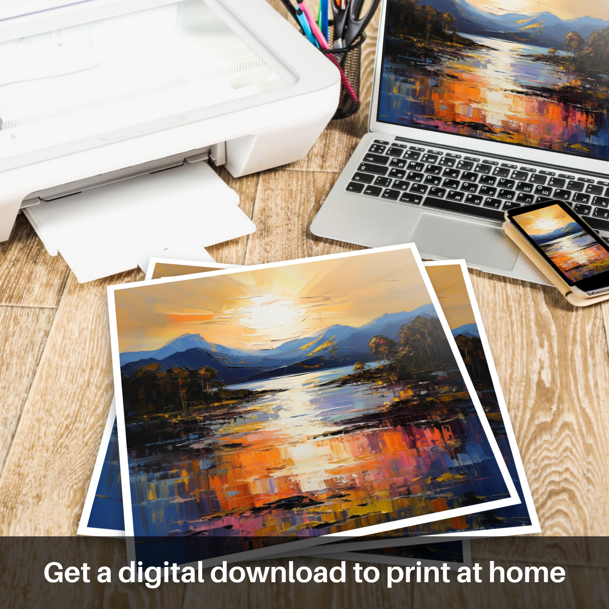 Downloadable and printable picture of Golden hour at Loch Lomond