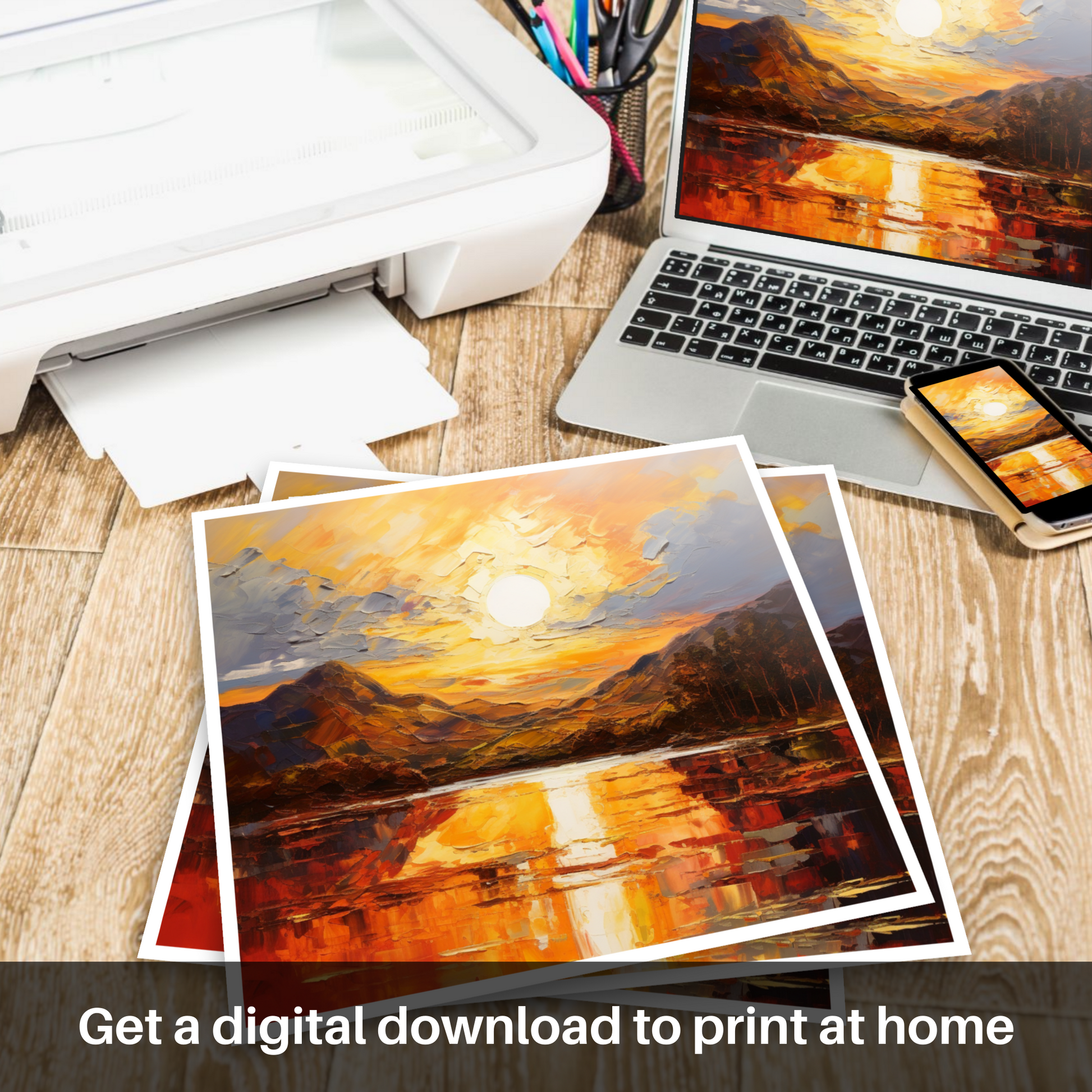 Downloadable and printable picture of Golden hour at Loch Lomond