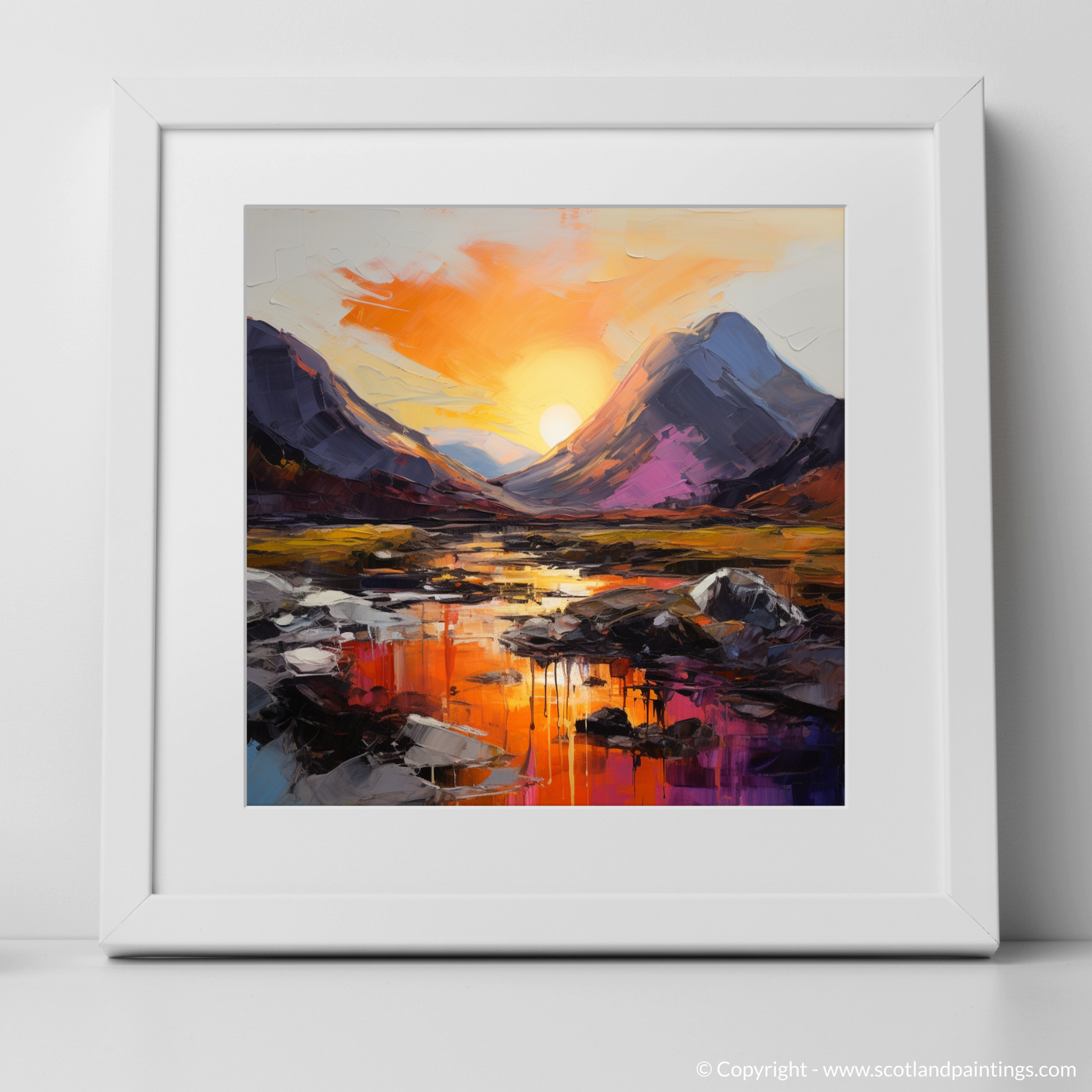 Art Print of Sunset glow in Glencoe with a white frame