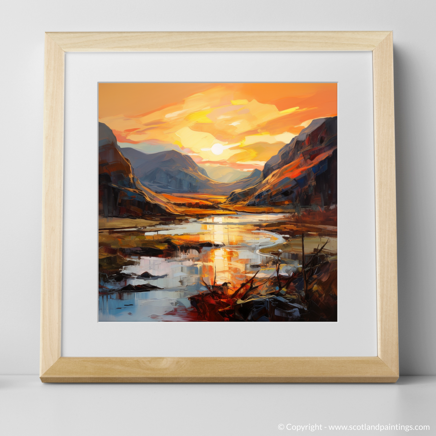 Art Print of Sunset glow in Glencoe with a natural frame