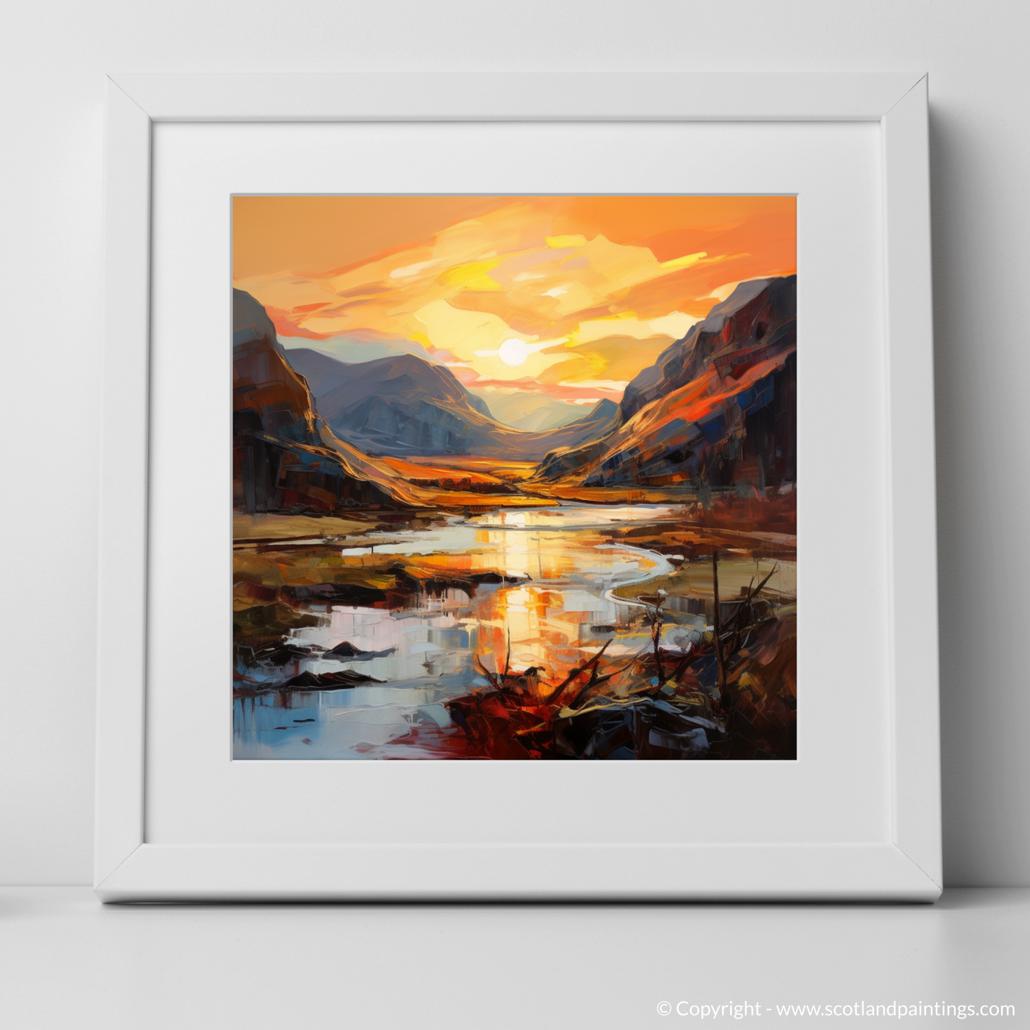 Art Print of Sunset glow in Glencoe with a white frame