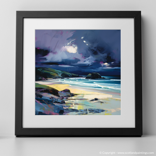 Art Print of Sandwood Bay with a stormy sky with a black frame