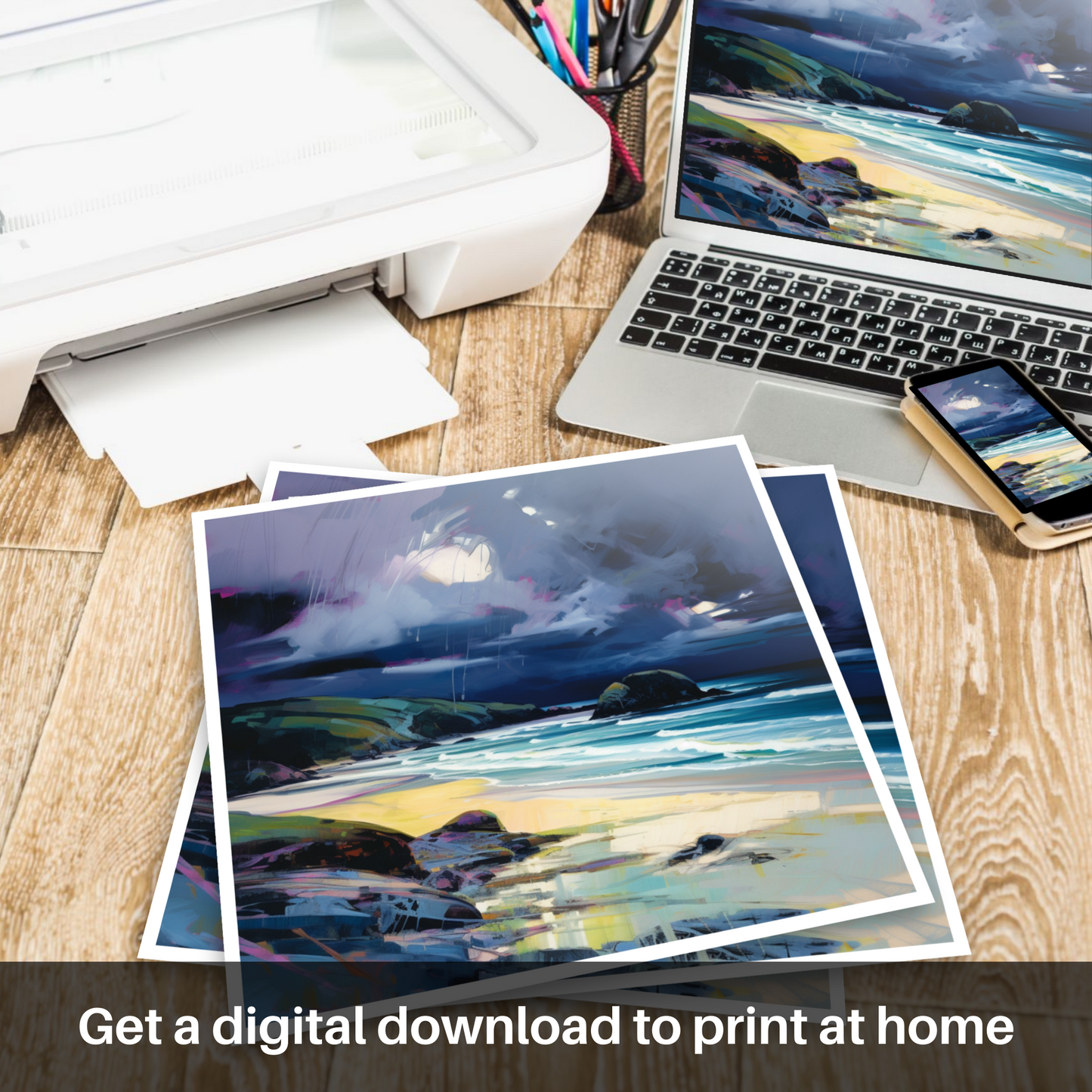 Downloadable and printable picture of Sandwood Bay with a stormy sky